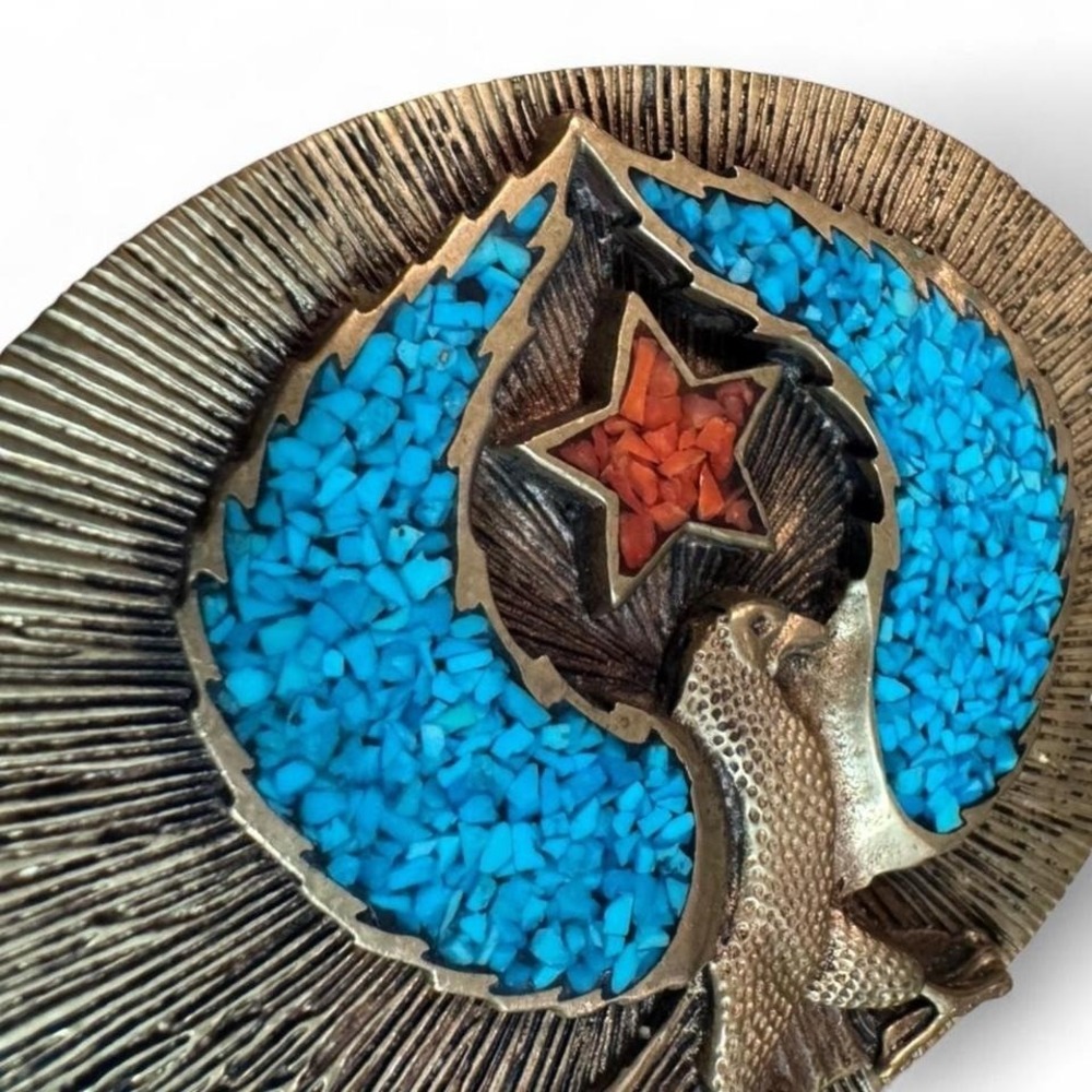 Vintage American Indian Eagle or Phoenix Bird Star Brass & Turquoise Belt Buckle - Picture 2 of 8